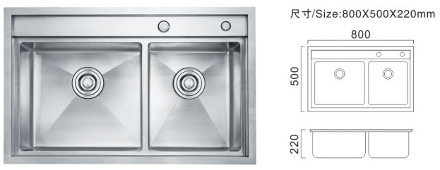 Màu bạc Stainless thương mại bồn rửa hai bát ẩm ẩm ẩm ẩm ẩm